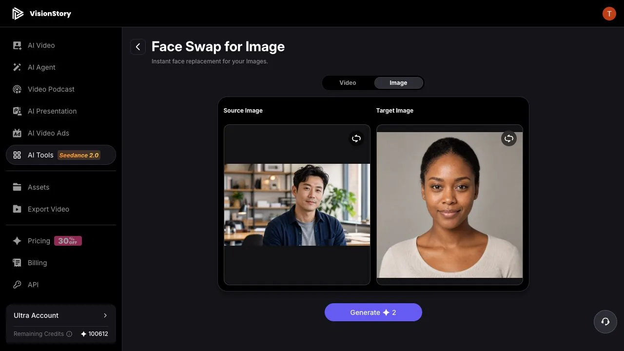 VisionStory Face Swap with the source photo on the left and the new face reference on the right