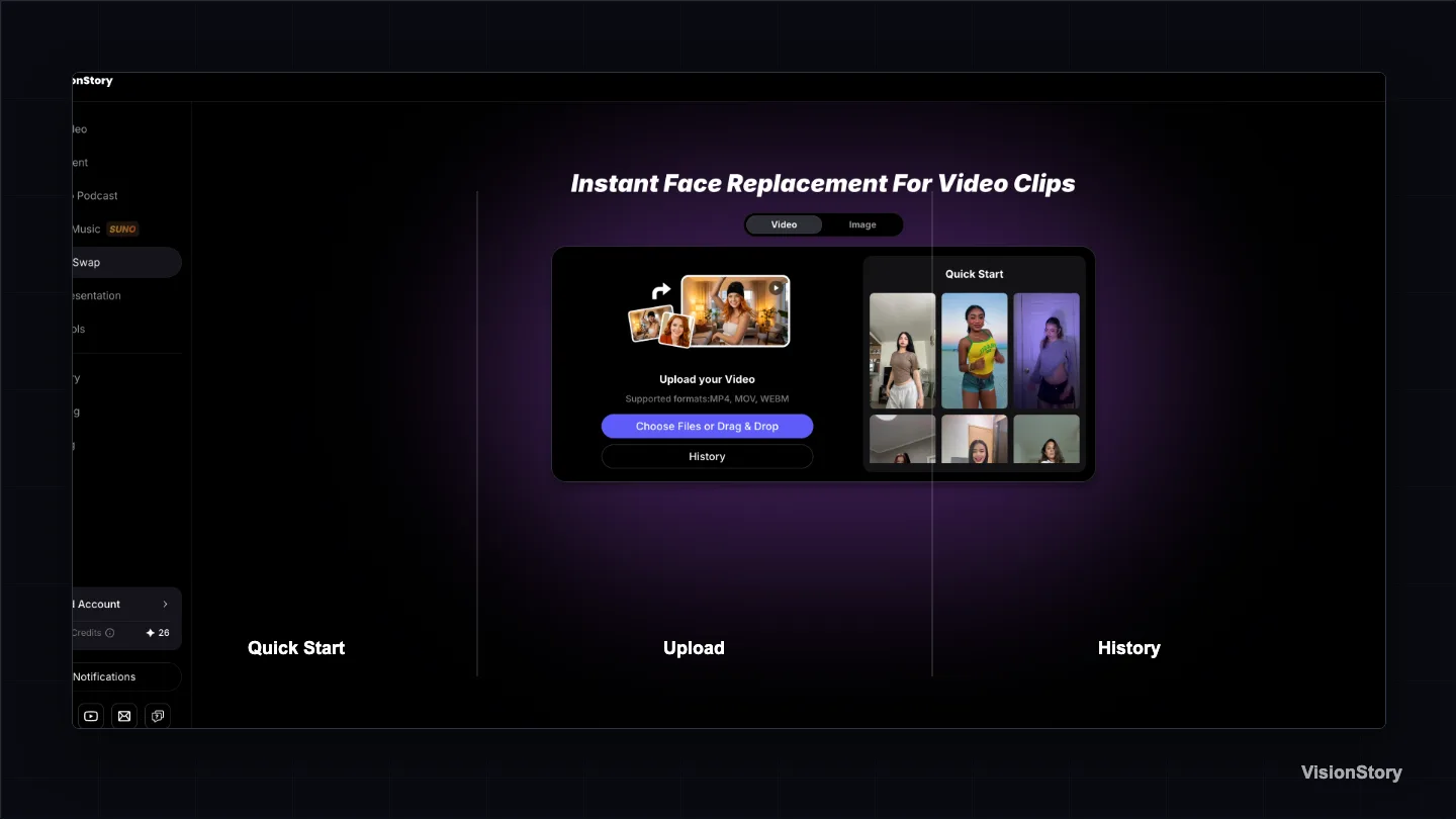 VisionStory Face Swap video page showing Quick Start, Upload, and History entry points