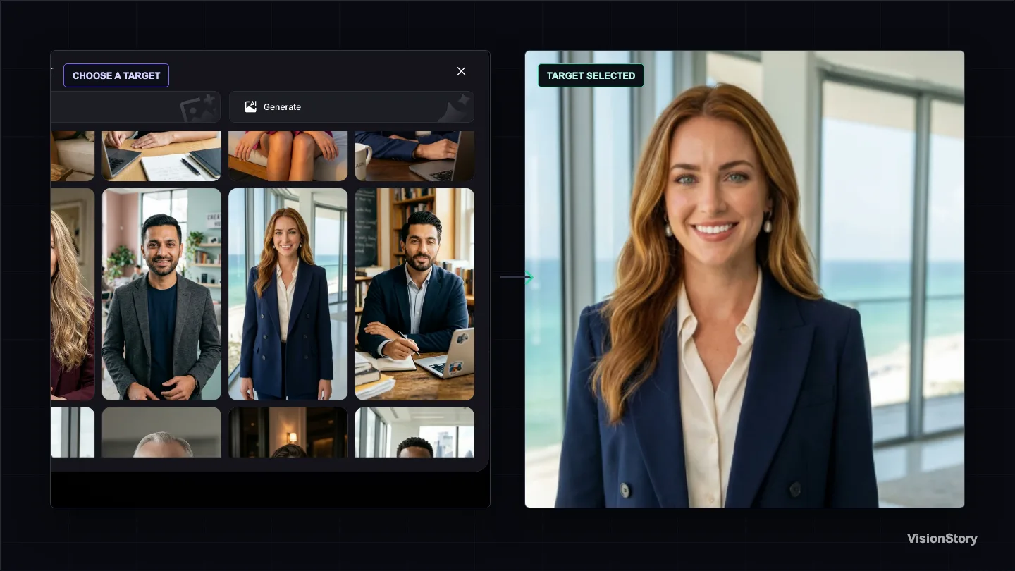 VisionStory avatar selector and a selected public target avatar