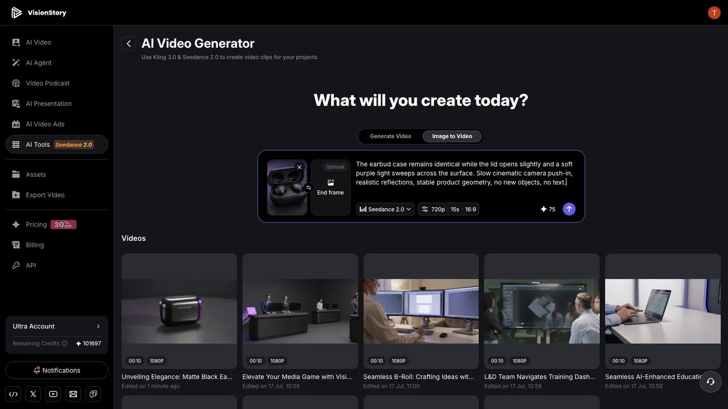 Uploading a product photo to VisionStory Image to Video and writing a motion prompt