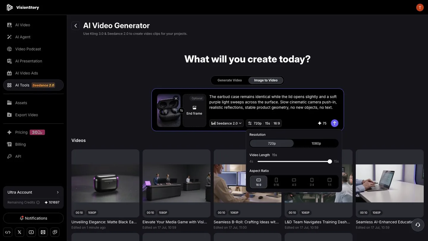 Resolution, duration, and aspect ratio settings for VisionStory image to video generation