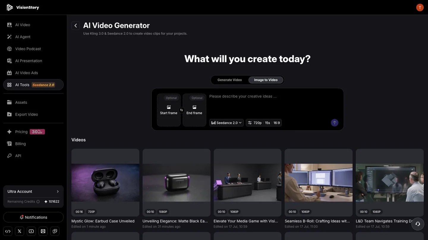 A completed image-to-video generation showing in the VisionStory Videos list