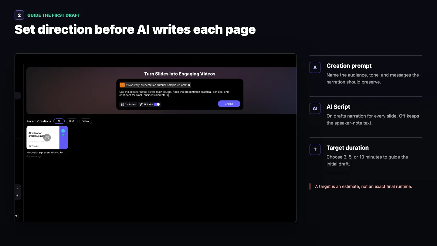 AI Presentation creation screen with a guide to the creation prompt, AI Script toggle, and target-duration controls