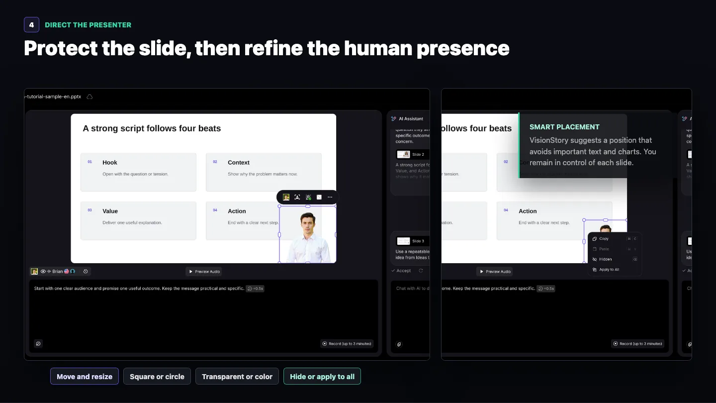 Presenter selection interface with guidance for moving, resizing, framing, hiding, and applying the layout to all slides
