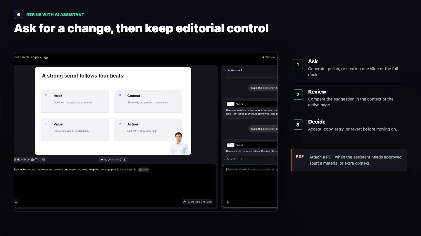 AI Assistant panel with an ask, review, and decide workflow for revising presentation narration