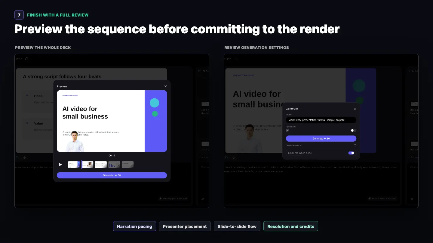 Presentation Preview and Generate interfaces with a checklist covering pacing, presenter placement, slide flow, resolution, and credits